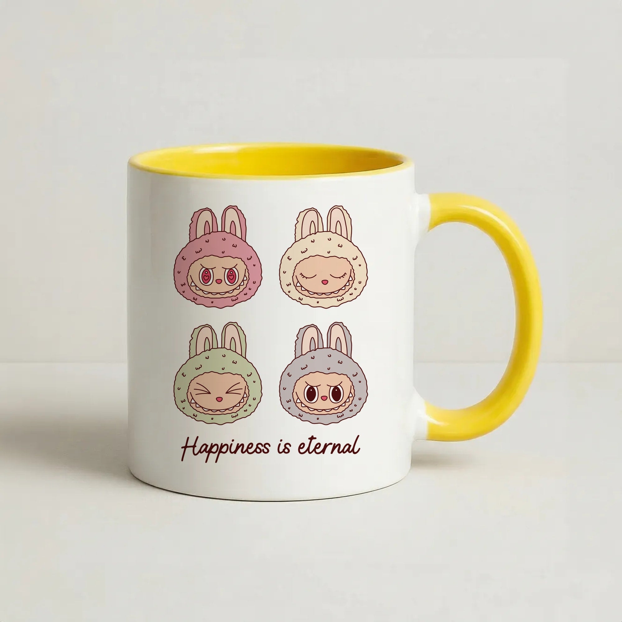 Happiness Is Eternal Monsters Coffee Yellow Mug