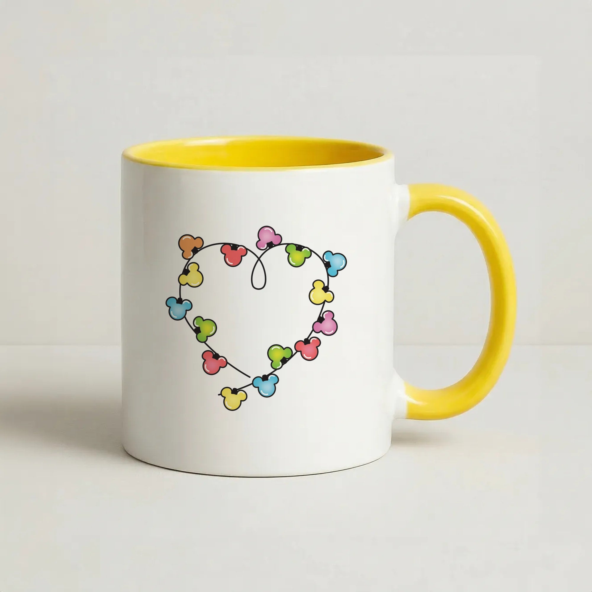 Cartoon Mouse Christmas Fairylights Heart Coffee Yellow Mug