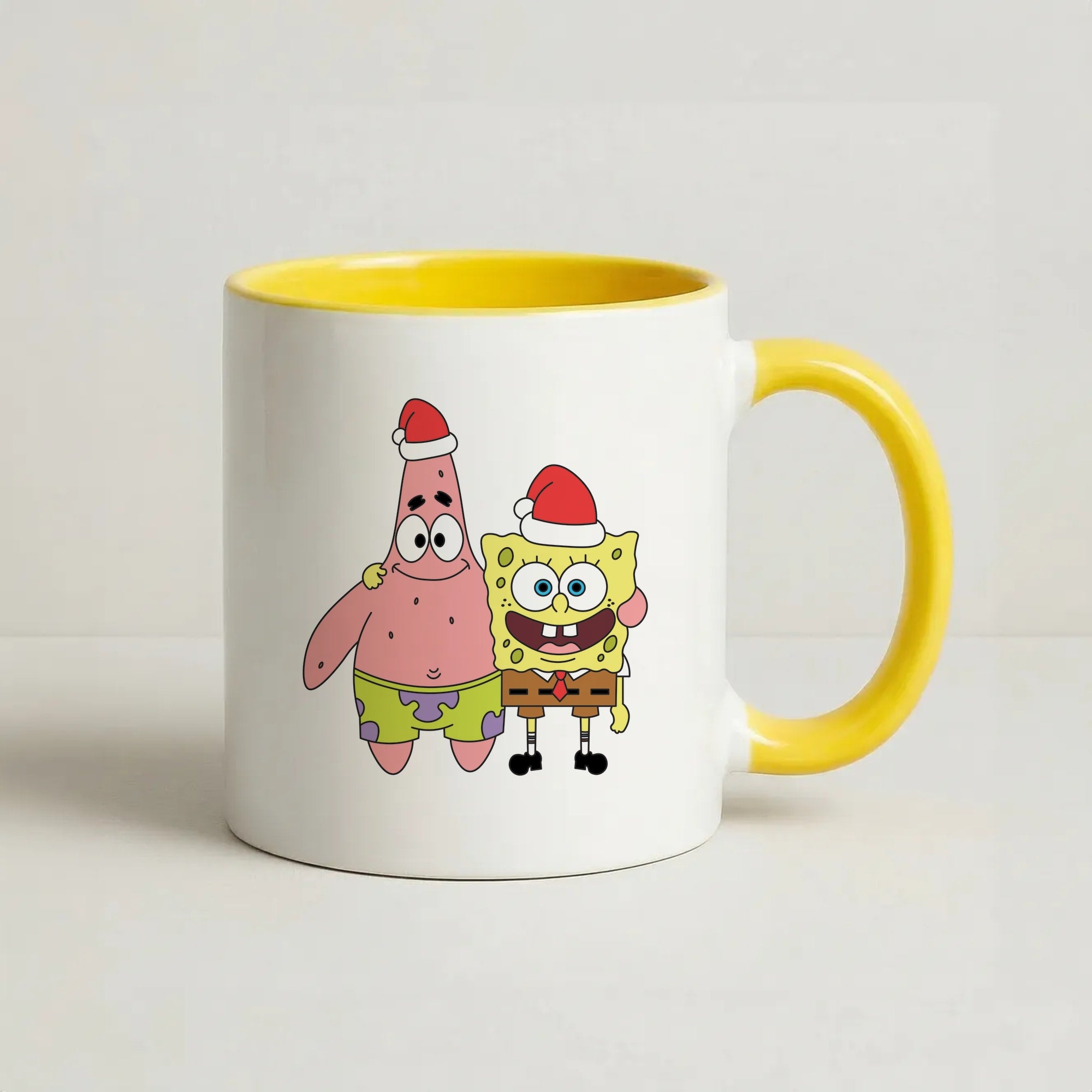 Cartoon Sponge And Starfish Christmas Hats Coffee Yellow Mug