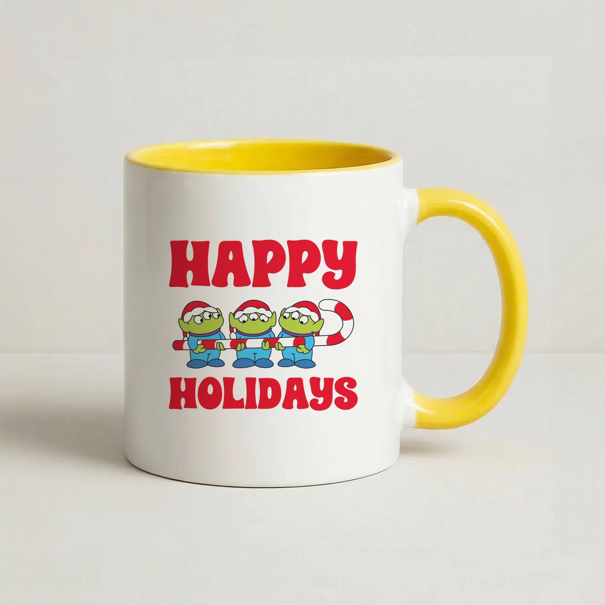 Happy Holidays Cute Green Aliens Coffee Yellow Mug