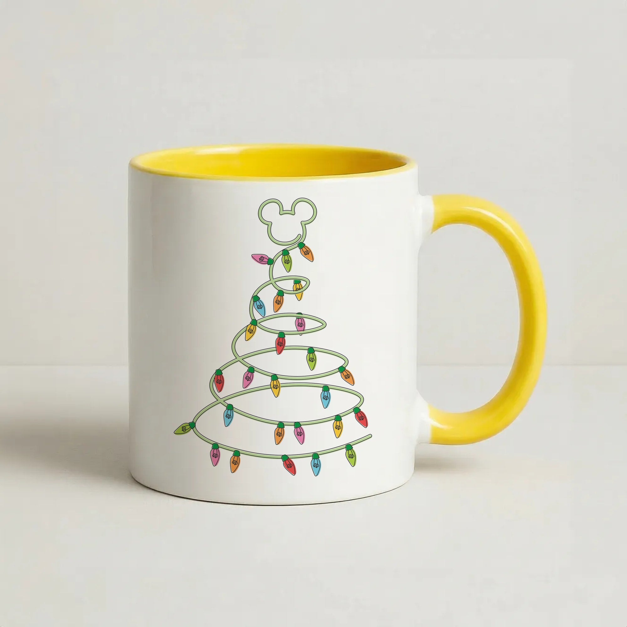 Cartoon Mouse Christmas Tree Lights Coffee Yellow Mug