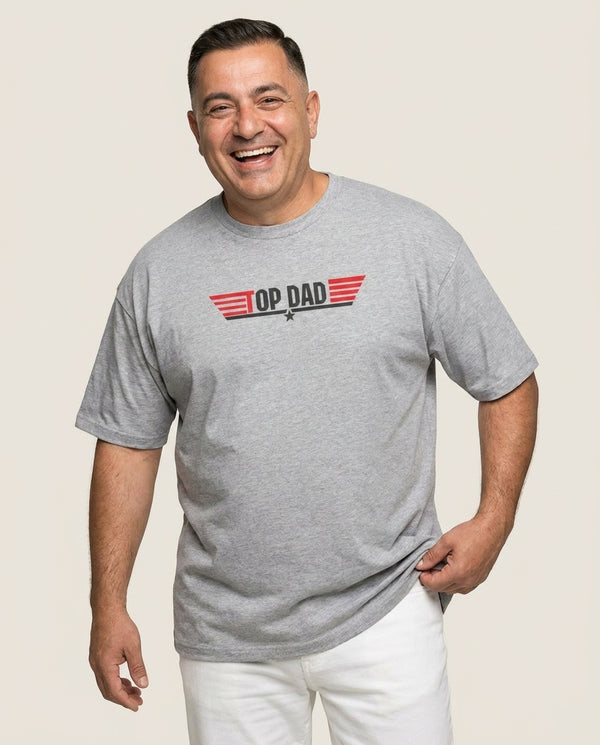 Top Dad- Fathers Day T-Shirt — Grey Front, worn