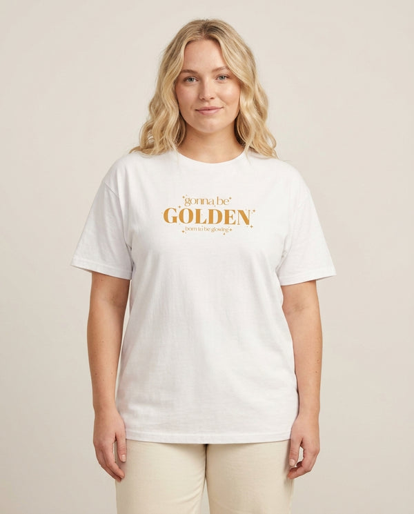 Gonna Be Golden T-Shirt — White Front, worn