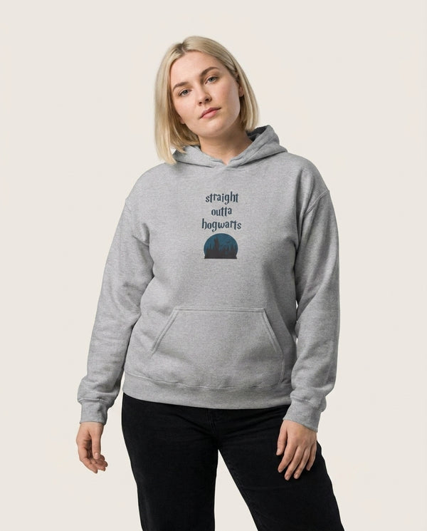 Straight Outta Hogwarts Hoodie — Grey Front, worn