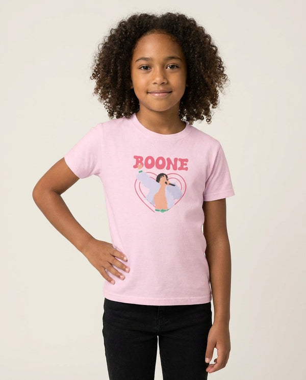 Boone Heart Kids T-Shirt — Pink Front, worn