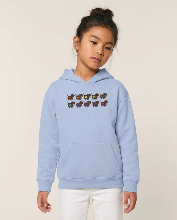 Love hearts - Dachshunds Kids Hoodie — Blue Front, worn