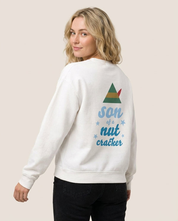 Son Of A Nut Cracker - Elf Sweatshirt — White Back, worn
