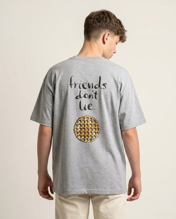 Friends Don't Lie Waffle T-Shirt — Grey Back, worn