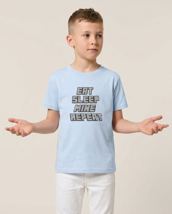 Eat Sleep Mine Repeat Kids T-Shirt — Blue Front, worn