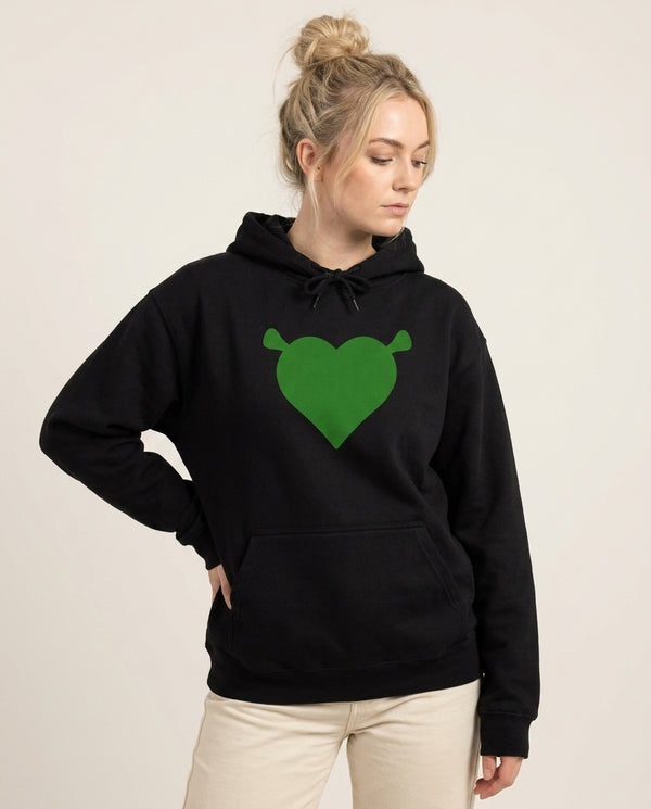 Green Ogre Heart Hoodie — Black Front, worn