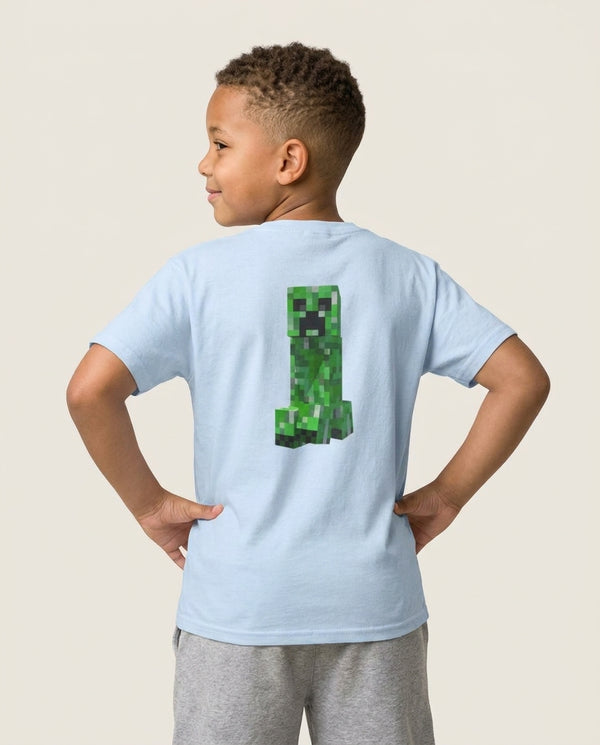 Mining Creeper Kids T-Shirt — Blue Back, worn