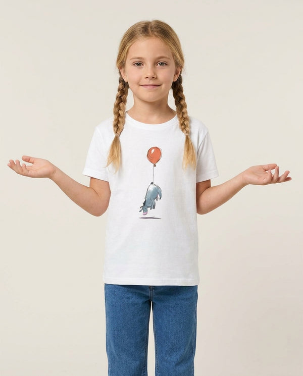 Donkey And His Balloon Kids T-Shirt — White Front, worn