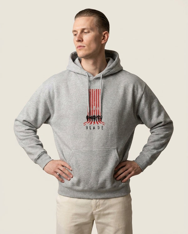 The Seven Silhouettes Hoodie — Grey Front, worn