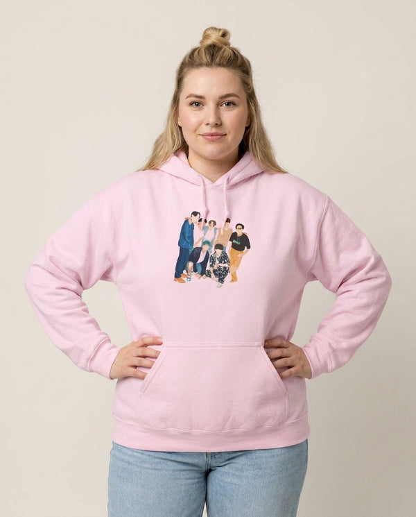 Casual K-Pop Band Band Hoodie — Pink Front, worn