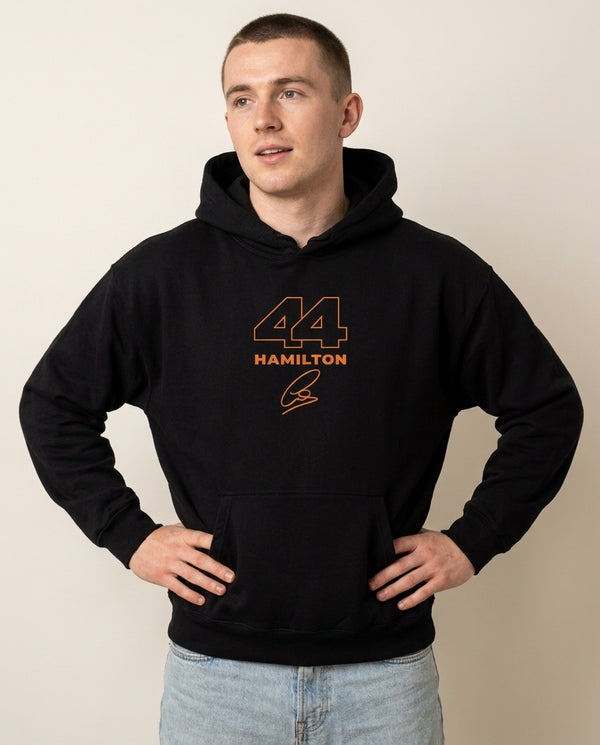 Stripes 44 Hamilton Hoodie — Black Front, worn