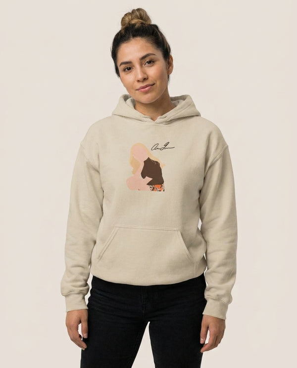 Vintage Pose Hoodie — Sand Front, worn