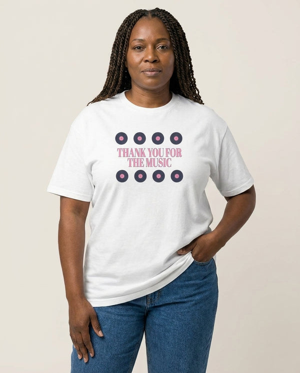 Thank You For The Music - Mamma Mia T-Shirt — White Front, worn