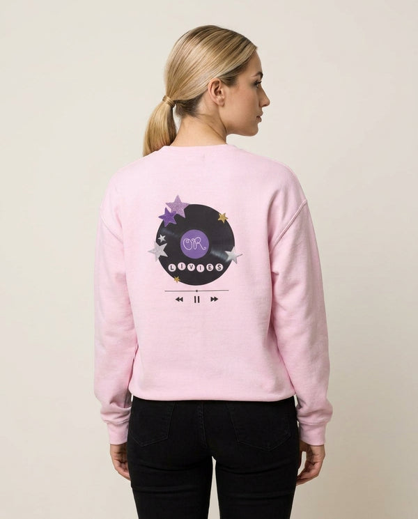 Amethyst Vinyl Scrapbook Sweatshirt — Pink Back, worn