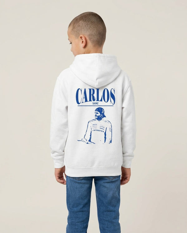 Carlos White And Blue Kids Hoodie — White Back, worn