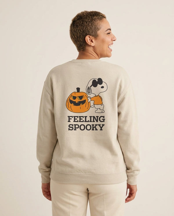Feeling Spooky Cartoon Beagle Sweatshirt — Sand Back, worn