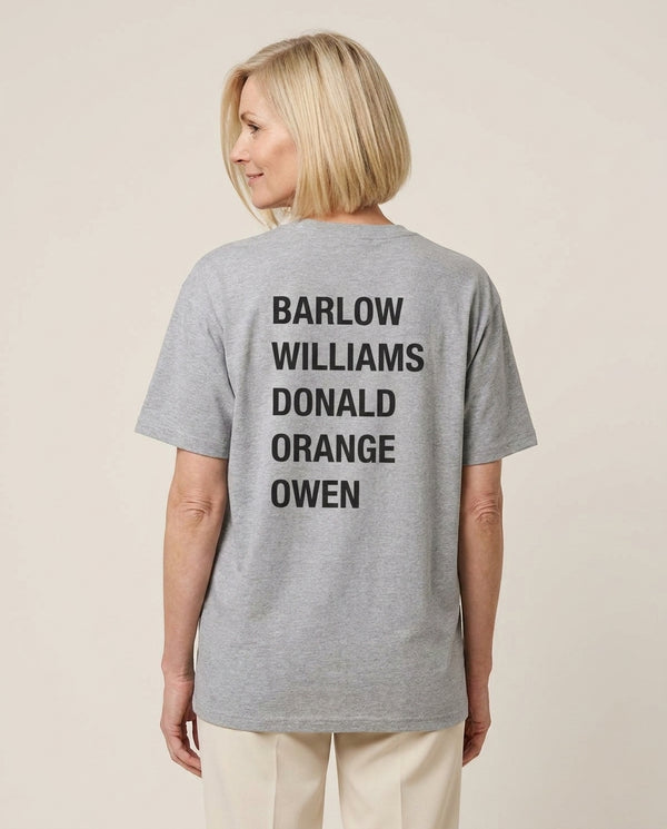 Take Band Members Names T-Shirt — Grey Back, worn