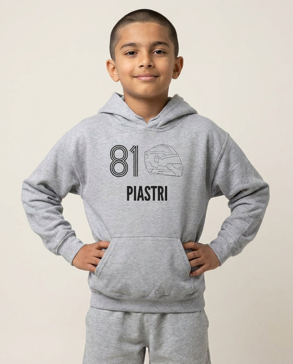 Piastri Helmet 2026 Kids Hoodie — Grey Front, worn