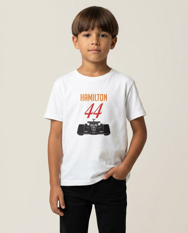 F1 Car Hamilton Kids T-Shirt — White Front, worn