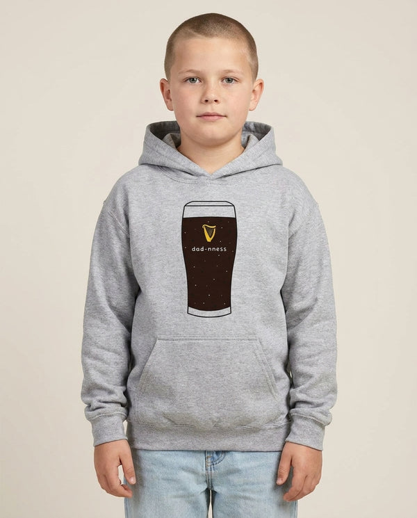 Dad-nness Kids Hoodie — Grey Front, worn