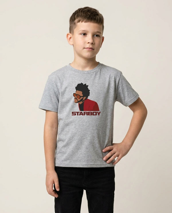 Starboy Singer Title Kids T-Shirt — Grey Front, worn