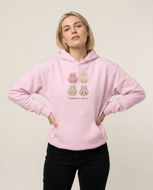 Happiness Is Eternal Monsters Hoodie — Pink Front, worn