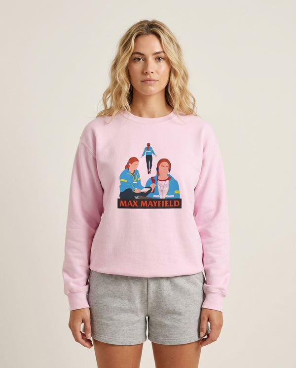 Max Mayfield Sweatshirt — Pink Front, worn