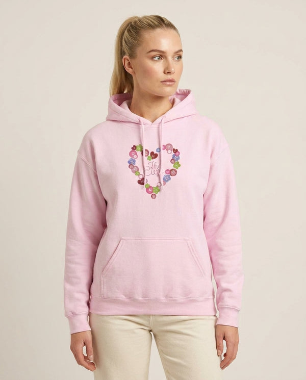 Button Heart Hoodie — Pink Front, worn