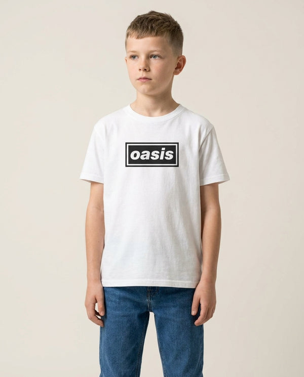 Band Name Kids T-Shirt — White Front, worn