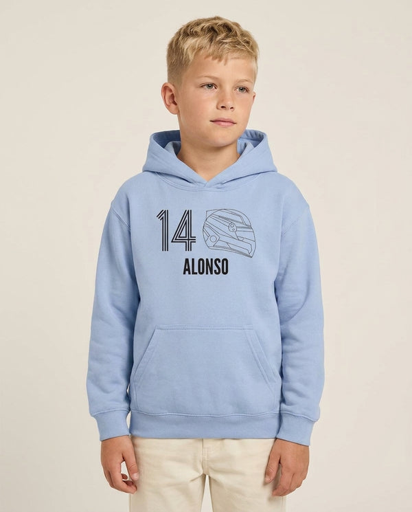Alonso Helmet 2026 Kids Hoodie — Blue Front, worn