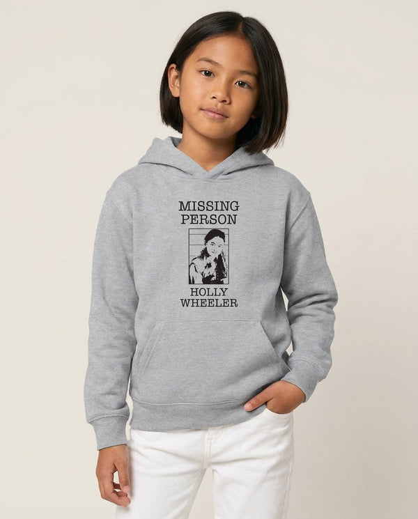 Missing Person Holly Kids Hoodie — Grey Front, worn