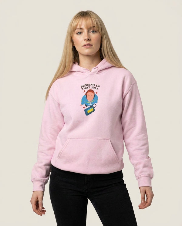 Running Up That Hill Hoodie — Pink Front, worn