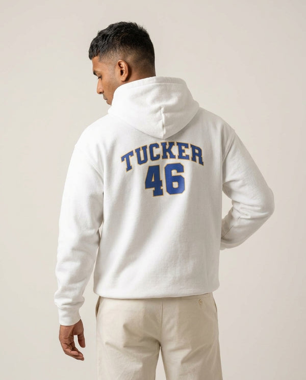 Tucker Hoodie — White Back, worn