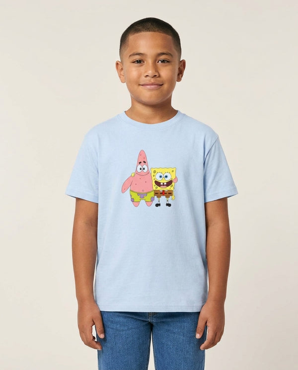 Patrick And Sponge Kids T-Shirt — Blue Front, worn