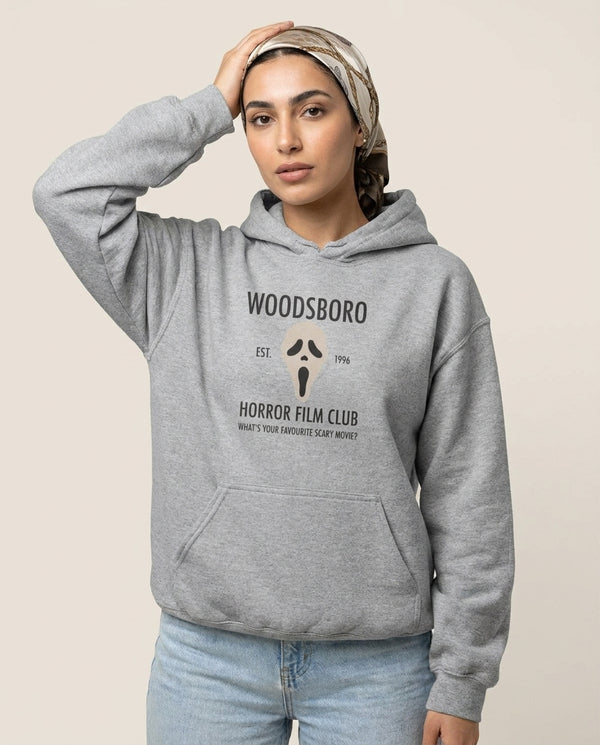 Woodsboro Horror Film Club - Scream Hoodie — Grey Front, worn