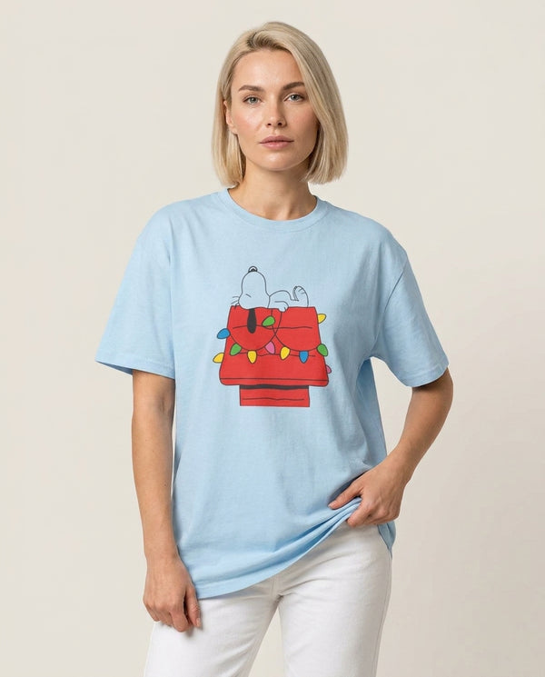 Cartoon Beagle Fairylights T-Shirt — Blue Front, worn