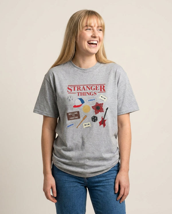 Stranger Things Cartoon Icons T-Shirt — Grey Front, worn