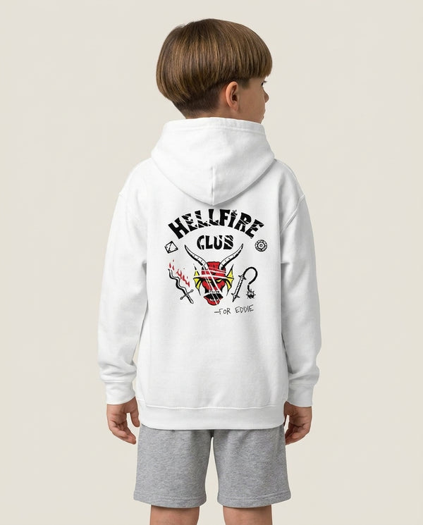 Torn Hellfire Club Kids Hoodie — White Back, worn