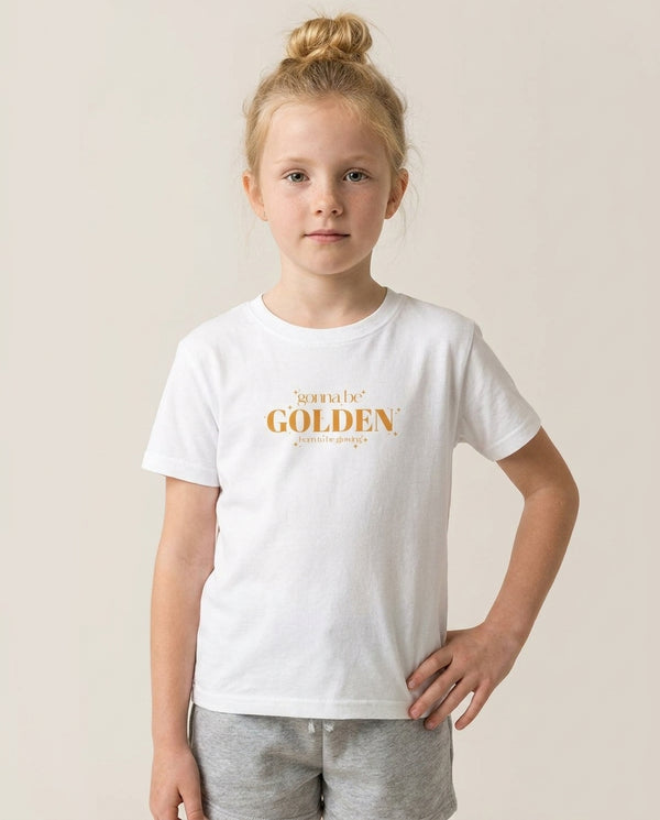 Gonna Be Golden Kids T-Shirt — White Front, worn