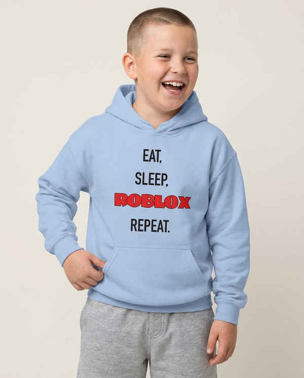 Eat, sleep, repeat Kids Hoodie — Blue Front, worn