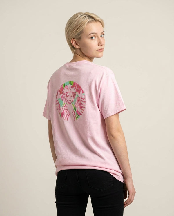 Pink Coffee Logo T-Shirt — Pink Back, worn