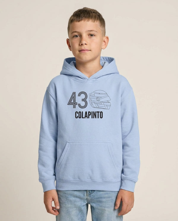 Colapinto Helmet 2026 Kids Hoodie — Blue Front, worn