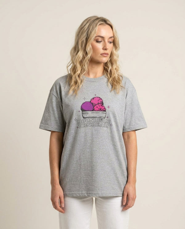 Moonbeam Icecream T-Shirt — Grey Front, worn