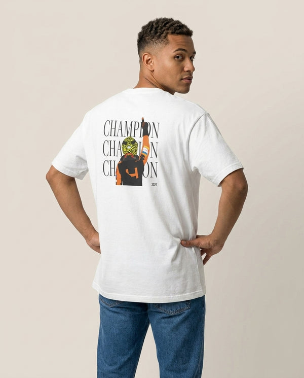 Lando Champion 2025 T-Shirt — White Back, worn