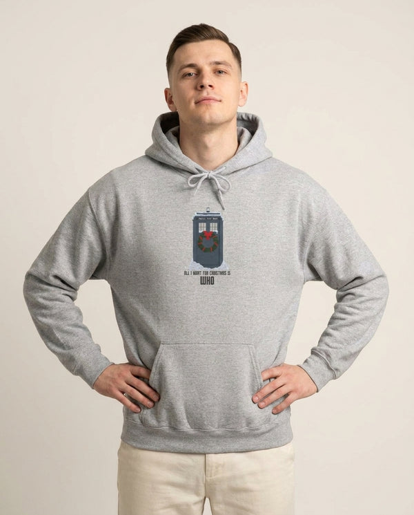 All I Want For Christmas Is Who - Doctor Who Hoodie — Grey Front, worn