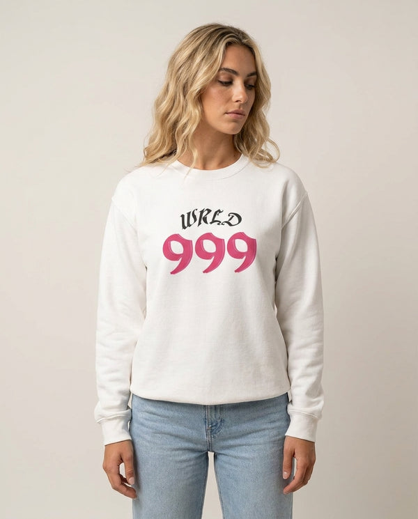 WRLD 999 - Juice Sweatshirt — White Front, worn